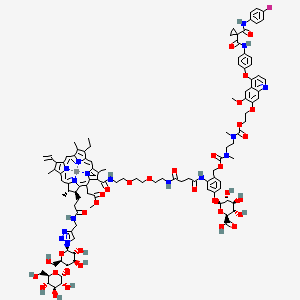 molecular formula C108H127FN16O34Zn B12374131 zinc;(2S,3S,4S,5R,6S)-6-[3-[[4-[2-[2-[2-[[(17S,18S)-18-[3-[[1-[(2R,3R,4R,5S,6R)-3,4-dihydroxy-6-(hydroxymethyl)-5-[(2R,3R,4S,5S,6R)-3,4,5-trihydroxy-6-(hydroxymethyl)oxan-2-yl]oxyoxan-2-yl]triazol-4-yl]methylamino]-3-oxopropyl]-12-ethenyl-7-ethyl-20-(2-methoxy-2-oxoethyl)-3,8,13,17-tetramethyl-17,18-dihydroporphyrin-21,23-diide-2-carbonyl]amino]ethoxy]ethoxy]ethylamino]-4-oxobutanoyl]amino]-4-[[2-[2-[4-[4-[[1-[(4-fluorophenyl)carbamoyl]cyclopropanecarbonyl]amino]phenoxy]-6-methoxyquinolin-7-yl]oxyethoxycarbonyl-methylamino]ethyl-methylcarbamoyl]oxymethyl]phenoxy]-3,4,5-trihydroxyoxane-2-carboxylic acid 