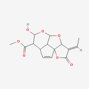 molecular formula C15H16O7 B1237462 methyl (11E)-11-ethylidene-6-hydroxy-12-oxo-7,9,13-trioxatetracyclo[6.5.1.01,10.04,14]tetradec-2-ene-5-carboxylate 