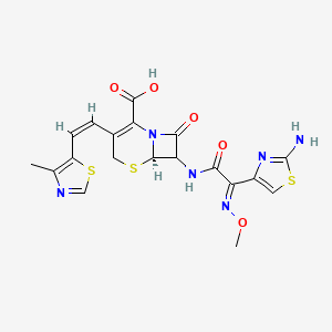 molecular formula C19H18N6O5S3 B1237655 (6R)-7-[[(2E)-2-(2-amino-1,3-thiazol-4-yl)-2-methoxyiminoacetyl]amino]-3-[(Z)-2-(4-methyl-1,3-thiazol-5-yl)ethenyl]-8-oxo-5-thia-1-azabicyclo[4.2.0]oct-2-ene-2-carboxylic acid 