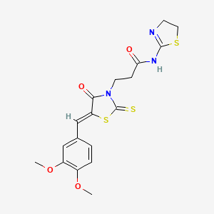 molecular formula C18H19N3O4S3 B1238217 N-(4,5-dihydro-1,3-thiazol-2-yl)-3-[(5Z)-5-[(3,4-dimethoxyphenyl)methylidene]-4-oxo-2-sulfanylidene-1,3-thiazolidin-3-yl]propanamide 