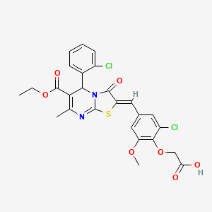 molecular formula C26H22Cl2N2O7S B1238221 (2-chloro-4-{(Z)-[5-(2-chlorophenyl)-6-(ethoxycarbonyl)-7-methyl-3-oxo-5H-[1,3]thiazolo[3,2-a]pyrimidin-2(3H)-ylidene]methyl}-6-methoxyphenoxy)acetic acid 