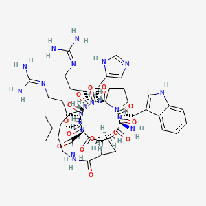 molecular formula C68H100N20O14 B12382782 (3R,4E,11S,14S,20S,23S,26S,29S,32S,35S,38S,44E,46R)-11-amino-26,32-bis[3-(diaminomethylideneamino)propyl]-23-(1H-imidazol-5-ylmethyl)-14-(1H-indol-3-ylmethyl)-35-(2-methylpropyl)-8,12,15,21,24,27,30,33,36,41,47-undecaoxo-7,42-dioxa-13,16,22,25,28,31,34,37,48-nonazatetracyclo[27.17.6.13,46.016,20]tripentaconta-4,44-diene-38-carboxamide 