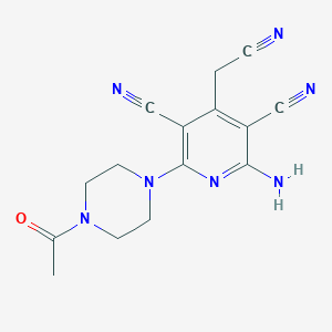 molecular formula C15H15N7O B1238777 2-(4-Acetyl-1-piperazinyl)-6-amino-4-(cyanomethyl)pyridine-3,5-dicarbonitrile 