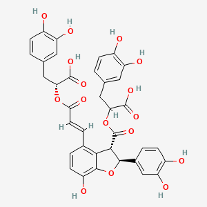 molecular formula C36H30O16 B1238836 2-((2S,3S)-4-((E)-3-((R)-1-carboxy-2-(3,4-dihydroxyphenyl)ethoxy)-3-oxoprop-1-enyl)-2-(3,4-dihydroxyphenyl)-7-hydroxy-2,3-dihydrobenzo[b]furan-3-carbonyloxy)-3-(3,4-dihydroxyphenyl)propanoic acid 