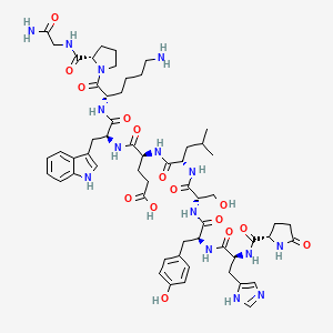 (4S)-5-[[(2S)-1-[[(2S)-6-amino-1-[(2S)-2-[(2-amino-2-oxoethyl)carbamoyl]pyrrolidin-1-yl]-1-oxohexan-2-yl]amino]-3-(1H-indol-3-yl)-1-oxopropan-2-yl]amino]-4-[[(2S)-2-[[(2S)-3-hydroxy-2-[[(2S)-3-(4-hydroxyphenyl)-2-[[(2S)-3-(1H-imidazol-5-yl)-2-[[(2S)-5-oxopyrrolidine-2-carbonyl]amino]propanoyl]amino]propanoyl]amino]propanoyl]amino]-4-methylpentanoyl]amino]-5-oxopentanoic acid