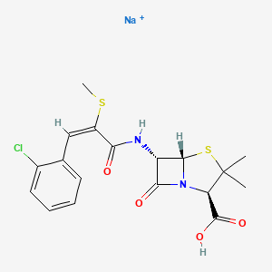 molecular formula C18H19ClN2NaO4S2+ B1239079 sodium;(2R,5S,6S)-6-[[(E)-3-(2-chlorophenyl)-2-methylsulfanylprop-2-enoyl]amino]-3,3-dimethyl-7-oxo-4-thia-1-azabicyclo[3.2.0]heptane-2-carboxylic acid CAS No. 4414-51-1