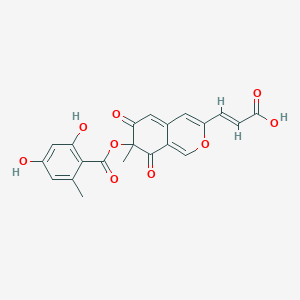 molecular formula C21H16O9 B1239148 (E)-3-[7-(2,4-dihydroxy-6-methyl-benzoyl)oxy-7-methyl-6,8-dioxo-isochromen-3-yl]prop-2-enoic acid 