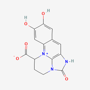 molecular formula C14H11N3O5 B1239529 1H-2,3,5,6-Tetrahydro-5-oxo-9,10-dihydroxyimidazo(3,4,5-de)pyrimido(1,2-a)quinolinium-1-carboxylate CAS No. 51220-42-9