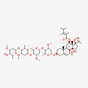 molecular formula C56H90O19 B1239585 [(3S,8S,9R,10R,12R,13S,14R,17S)-17-acetyl-8,14,17-trihydroxy-3-[5-[5-[5-(5-hydroxy-4-methoxy-6-methyloxan-2-yl)oxy-4-methoxy-6-methyloxan-2-yl]oxy-4-methoxy-6-methyloxan-2-yl]oxy-4-methoxy-6-methyloxan-2-yl]oxy-10,13-dimethyl-1,2,3,4,7,9,11,12,15,16-decahydrocyclopenta[a]phenanthren-12-yl] (E)-3,4-dimethylpent-2-enoate 