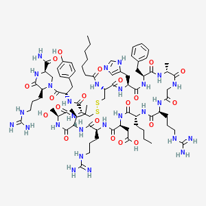 2-[(4R,7S,10S,13S,16S,19R,22S,28R,31S,34S,37R)-31-benzyl-10-[(2S)-butan-2-yl]-19-butyl-13,22-bis(3-carbamimidamidopropyl)-4-[[(2S)-1-[(2S,5R)-2-(3-carbamimidamidopropyl)-5-carbamoyl-3-oxopiperazin-1-yl]-3-(4-hydroxyphenyl)-1-oxopropan-2-yl]carbamoyl]-37-(heptanoylamino)-7-(hydroxymethyl)-34-(1H-imidazol-5-ylmethyl)-28-methyl-6,9,12,15,18,21,24,27,30,33,36-undecaoxo-1,2-dithia-5,8,11,14,17,20,23,26,29,32,35-undecazacyclooctatriacont-16-yl]acetic acid