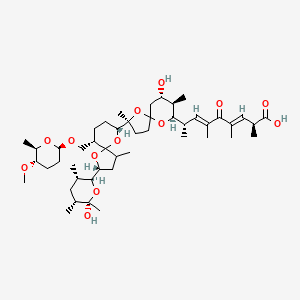 molecular formula C47H76O13 B1239818 (2S,3E,6E,8S)-8-[(2S,7S,8R,9R)-7-hydroxy-2-[(2R,6S,9R)-2-[(2S,3S,5R,6S)-6-hydroxy-3,5,6-trimethyloxan-2-yl]-6-[[(2R,5S,6R)-5-methoxy-6-methyloxan-2-yl]oxymethyl]-4-methyl-1,10-dioxaspiro[4.5]decan-9-yl]-2,8-dimethyl-1,10-dioxaspiro[4.5]decan-9-yl]-2,4,6-trimethyl-5-oxonona-3,6-dienoic acid CAS No. 96827-80-4