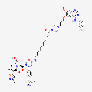 molecular formula C60H76ClFN10O8S B12398479 (2S,4R)-N-[(1S)-3-[[11-[4-[3-[4-(3-chloro-4-fluoroanilino)-7-methoxyquinazolin-6-yl]oxypropyl]piperazin-1-yl]-11-oxoundecyl]amino]-1-[4-(4-methyl-1,3-thiazol-5-yl)phenyl]-3-oxopropyl]-4-hydroxy-1-[(2R)-3-methyl-2-(3-methyl-1,2-oxazol-5-yl)butanoyl]pyrrolidine-2-carboxamide 