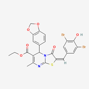 molecular formula C24H18Br2N2O6S B1239896 ethyl (2E)-5-(1,3-benzodioxol-5-yl)-2-[(3,5-dibromo-4-hydroxyphenyl)methylidene]-7-methyl-3-oxo-5H-[1,3]thiazolo[3,2-a]pyrimidine-6-carboxylate 