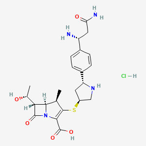 molecular formula C23H31ClN4O5S B1239985 (4R,5S,6S)-3-[(3S,5R)-5-[4-[(1R)-1,3-diamino-3-oxopropyl]phenyl]pyrrolidin-3-yl]sulfanyl-6-[(1R)-1-hydroxyethyl]-4-methyl-7-oxo-1-azabicyclo[3.2.0]hept-2-ene-2-carboxylic acid;hydrochloride 