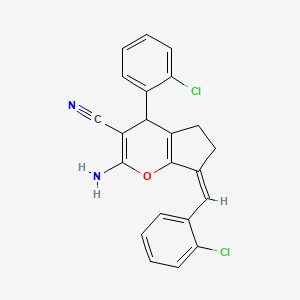 molecular formula C22H16Cl2N2O B1240438 (7Z)-2-amino-4-(2-chlorophenyl)-7-[(2-chlorophenyl)methylidene]-5,6-dihydro-4H-cyclopenta[b]pyran-3-carbonitrile 