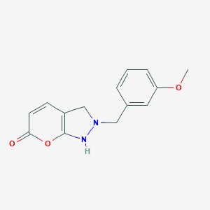 molecular formula C14H14N2O3 B124060 Pyrano(2,3-c)pyrazol-6(2H)-one, 2-((3-methoxyphenyl)methyl)-3,4-dimethyl- CAS No. 142733-19-5
