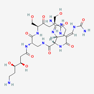 molecular formula C26H43N11O11 B12407381 (3R,4R)-6-amino-N-[(2Z,5S,9S,12S,15S)-5-[(4R)-2-amino-1,4,5,6-tetrahydropyrimidin-4-yl]-2-[(carbamoylamino)methylidene]-12,15-bis(hydroxymethyl)-3,6,10,13,16-pentaoxo-1,4,7,11-tetrazacyclohexadec-9-yl]-3,4-dihydroxyhexanamide 