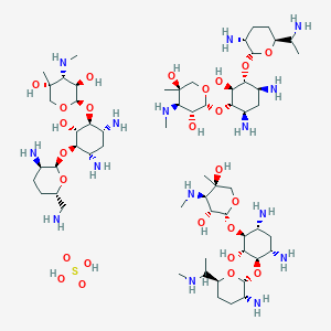 molecular formula C60H125N15O25S B1240885 (2R,3R,4R,5R)-2-[(1S,2S,3R,4S,6R)-4,6-diamino-3-[(2R,3R,6S)-3-amino-6-(1-aminoethyl)oxan-2-yl]oxy-2-hydroxycyclohexyl]oxy-5-methyl-4-(methylamino)oxane-3,5-diol;(2R,3R,4R,5R)-2-[(1S,2S,3R,4S,6R)-4,6-diamino-3-[(2R,3R,6S)-3-amino-6-(aminomethyl)oxan-2-yl]oxy-2-hydroxycyclohexyl]oxy-5-methyl-4-(methylamino)oxane-3,5-diol;(2R,3R,4R,5R)-2-[(1S,2S,3R,4S,6R)-4,6-diamino-3-[(2R,3R,6S)-3-amino-6-[1-(methylamino)ethyl]oxan-2-yl]oxy-2-hydroxycyclohexyl]oxy-5-methyl-4-(methylamino)oxane-3,5-diol;sulfuric acid 