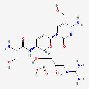 molecular formula C19H30N8O9 B1240907 2-[(2S,3S,6R)-6-[4-amino-5-(hydroxymethyl)-2-oxopyrimidin-1-yl]-3-[(2-amino-3-hydroxypropanoyl)amino]-3,6-dihydro-2H-pyran-2-yl]-5-(diaminomethylideneamino)-2,4-dihydroxypentanoic acid 