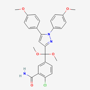 molecular formula C27H26ClN3O5 B1240944 Benzamide, 5-((1,5-bis(4-methoxyphenyl)-1H-pyrazol-3-yl)dimethoxymethyl)-2-chloro- CAS No. 179325-62-3