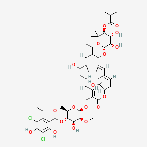 molecular formula C52H74Cl2O18 B1241091 [(2R,3S,4S,5S,6R)-6-[[(3E,5E,9E,13E,15E)-12-[(2R,3S,4R,5S)-3,4-dihydroxy-6,6-dimethyl-5-(2-methylpropanoyloxy)oxan-2-yl]oxy-11-ethyl-8-hydroxy-18-(1-hydroxyethyl)-9,13,15-trimethyl-2-oxo-1-oxacyclooctadeca-3,5,9,13,15-pentaen-3-yl]methoxy]-4-hydroxy-5-methoxy-2-methyloxan-3-yl] 3,5-dichloro-2-ethyl-4,6-dihydroxybenzoate 