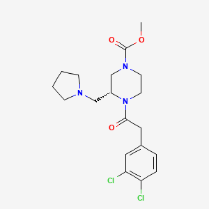 molecular formula C19H25Cl2N3O3 B1241198 1-Piperazinecarboxylic acid, 4-((3,4-dichlorophenyl)acetyl)-3-(1-pyrrolidinylmethyl)-, methyl ester, (3R)- CAS No. 126766-42-5