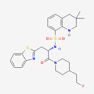 molecular formula C28H35FN4O3S2 B1241470 N-[(2S)-3-(1,3-benzothiazol-2-yl)-1-[4-(2-fluoroethyl)piperidin-1-yl]-1-oxopropan-2-yl]-3,3-dimethyl-2,4-dihydro-1H-quinoline-8-sulfonamide 