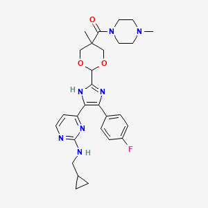 molecular formula C28H34FN7O3 B1241661 [2-[5-[2-(cyclopropylmethylamino)pyrimidin-4-yl]-4-(4-fluorophenyl)-1H-imidazol-2-yl]-5-methyl-1,3-dioxan-5-yl]-(4-methylpiperazin-1-yl)methanone 