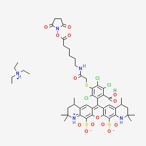 molecular formula C50H62Cl3N5O14S3 B12416916 13-[2-carboxy-3,4,6-trichloro-5-[2-[[6-(2,5-dioxopyrrolidin-1-yl)oxy-6-oxohexyl]amino]-2-oxoethyl]sulfanylphenyl]-7,7,9,17,19,19-hexamethyl-2-oxa-20-aza-6-azoniapentacyclo[12.8.0.03,12.05,10.016,21]docosa-1(14),3,5,10,12,15,21-heptaene-4,22-disulfonate;triethylazanium 