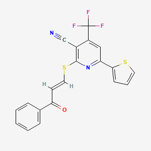 molecular formula C20H11F3N2OS2 B1241720 2-[(E)-3-oxo-3-phenylprop-1-enyl]sulfanyl-6-thiophen-2-yl-4-(trifluoromethyl)pyridine-3-carbonitrile 