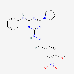 molecular formula C21H22N8O3 B1242052 4-Methoxy-3-nitrobenzaldehyde (4-anilino-6-pyrrolidin-1-yl-1,3,5-triazin-2-yl)hydrazone 