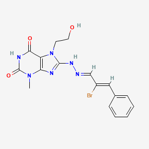 molecular formula C17H17BrN6O3 B1242092 8-{(2E)-2-[(2Z)-2-bromo-3-phenylprop-2-en-1-ylidene]hydrazinyl}-6-hydroxy-7-(2-hydroxyethyl)-3-methyl-3,7-dihydro-2H-purin-2-one 