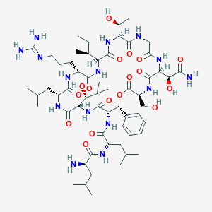 (2R)-2-amino-N-[(2S)-1-[[(3S,6S,12S,15S,18R,21R,24S,27S,28R)-6-[(1S)-2-amino-1-hydroxy-2-oxoethyl]-15-[(2S)-butan-2-yl]-18-[3-(diaminomethylideneamino)propyl]-12-[(1S)-1-hydroxyethyl]-3-(hydroxymethyl)-24-[(1R)-1-hydroxy-2-methylpropyl]-21-(2-methylpropyl)-2,5,8,11,14,17,20,23,26-nonaoxo-28-phenyl-1-oxa-4,7,10,13,16,19,22,25-octazacyclooctacos-27-yl]amino]-4-methyl-1-oxopentan-2-yl]-4-methylpentanamide