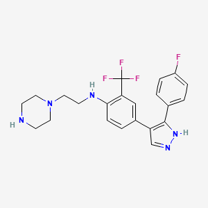 molecular formula C22H23F4N5 B1242149 4-[3-(4-Fluorophenyl)-1h-Pyrazol-4-Yl]-N-[2-(Piperazin-1-Yl)ethyl]-2-(Trifluoromethyl)aniline 