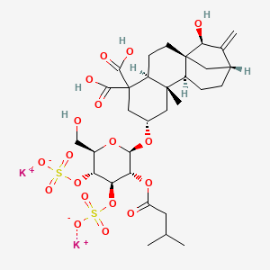 molecular formula C31H44K2O18S2 B12421588 dipotassium;[(2R,3R,4R,5R,6R)-2-[[(1R,4S,7S,9S,10S,13R,15S)-5,5-dicarboxy-15-hydroxy-9-methyl-14-methylidene-7-tetracyclo[11.2.1.01,10.04,9]hexadecanyl]oxy]-6-(hydroxymethyl)-3-(3-methylbutanoyloxy)-5-sulfonatooxyoxan-4-yl] sulfate 