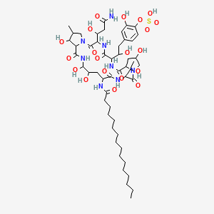 molecular formula C51H82N8O20S B1242503 [4-[2-[3-(3-Amino-1-hydroxy-3-oxopropyl)-18-(hexadecanoylamino)-11,20,21,25-tetrahydroxy-15-(1-hydroxyethyl)-26-methyl-2,5,8,14,17,23-hexaoxo-1,4,7,13,16,22-hexazatricyclo[22.3.0.09,13]heptacosan-6-yl]-2-hydroxyethyl]-2-hydroxyphenyl] hydrogen sulfate 