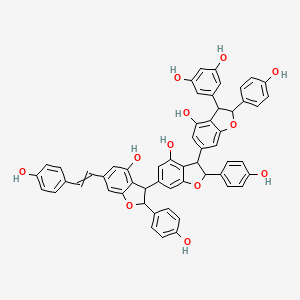 5-(4-hydroxy-6-{4-hydroxy-6-[4-hydroxy-2-(4-hydroxyphenyl)-6-[(1E)-2-(4-hydroxyphenyl)ethenyl]-2,3-dihydro-1-benzofuran-3-yl]-2-(4-hydroxyphenyl)-2,3-dihydro-1-benzofuran-3-yl}-2-(4-hydroxyphenyl)-2,3-dihydro-1-benzofuran-3-yl)benzene-1,3-diol