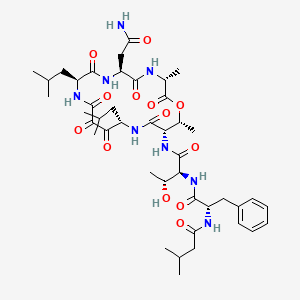 molecular formula C43H64N8O13 B1242752 N-(3-methylbutanoyl)-L-phenylalanyl-N-[(3R,6S,9S,14S,17S,18R)-6-(2-amino-2-oxoethyl)-3,18-dimethyl-9,14-bis(2-methylpropyl)-2,5,8,11,12,13,16-heptaoxo-1-oxa-4,7,10,15-tetraazacyclooctadecan-17-yl]-L-threoninamide 