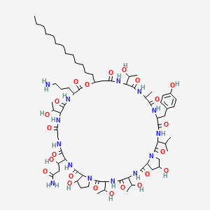 3-[31-(3-Aminopropyl)-11,44-dihydroxy-3,6,24,34-tetrakis(1-hydroxyethyl)-18-[(4-hydroxyphenyl)methyl]-21-methyl-2,5,8,14,17,20,23,26,30,33,36,39,42-tridecaoxo-15-propan-2-yl-28-tridecyl-29-oxa-1,4,7,13,16,19,22,25,32,35,38,41-dodecazatricyclo[41.3.0.09,13]hexatetracontan-40-yl]-3-hydroxypropanamide