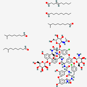 molecular formula C130H181Cl2N9O37 B12429218 (1S,2R,19R,22R,34S,37R,40R,52R)-2-[(2R,3R,4R,5S,6R)-3-acetamido-4,5-dihydroxy-6-(hydroxymethyl)oxan-2-yl]oxy-22-amino-64-[(2S,3R,4R,5S,6R)-3-amino-4,5-dihydroxy-6-(hydroxymethyl)oxan-2-yl]oxy-5,15-dichloro-26,31,44,49-tetrahydroxy-21,35,38,54,56,59-hexaoxo-47-[(2R,3S,4S,5S,6R)-3,4,5-trihydroxy-6-(hydroxymethyl)oxan-2-yl]oxy-7,13,28-trioxa-20,36,39,53,55,58-hexazaundecacyclo[38.14.2.23,6.214,17.219,34.18,12.123,27.129,33.141,45.010,37.046,51]hexahexaconta-3,5,8,10,12(64),14,16,23(61),24,26,29(60),30,32,41(57),42,44,46(51),47,49,62,65-henicosaene-52-carboxylic acid;decanal;(E)-dec-4-enal;8-methyldecanal;9-methyldecanal;8-methylnonanal 