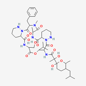 N-[3-benzyl-7-hydroxy-20-(hydroxymethyl)-4,6-dimethyl-2,5,8,15,19,22-hexaoxo-17-propan-2-yl-18-oxa-1,4,7,13,14,21,27-heptazatricyclo[21.4.0.09,14]heptacosan-16-yl]-2-hydroxy-2-[2-hydroxy-6-methyl-5-(2-methylpropyl)oxan-2-yl]propanamide