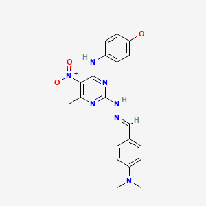 molecular formula C21H23N7O3 B1243312 {2-[N'-(4-Dimethylamino-benzylidene)-hydrazino]-6-methyl-5-nitro-pyrimidin-4-yl}-(4-methoxy-phenyl)-amine 