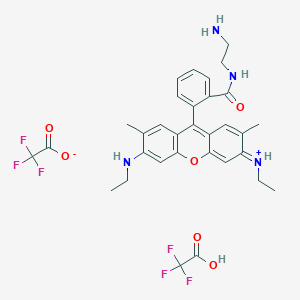 molecular formula C32H34F6N4O6 B12437247 9-(2-((2-Aminoethyl)carbamoyl)phenyl)-3,6-bis(ethylamino)-2,7-dimethylxanthylium trifluoroacetate trifluoroacetic acid salt 