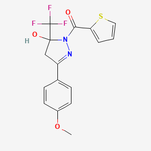 molecular formula C16H13F3N2O3S B1243987 [5-hydroxy-3-(4-methoxyphenyl)-5-(trifluoromethyl)-4H-pyrazol-1-yl]-thiophen-2-ylmethanone 