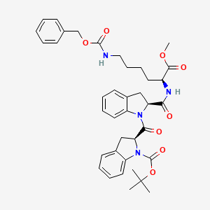 molecular formula C38H44N4O8 B1244161 1H-Indole-1-carboxylic acid, 2-(((2S)-2,3-dihydro-2-((((1S)-1-(methoxycarbonyl)-5-(((phenylmethoxy)carbonyl)amino)pentyl)amino)carbonyl)-1H-indol-1-yl)carbonyl)-2,3-dihydro-, 1,1-dimethylethyl ester, (2S)- CAS No. 198016-44-3