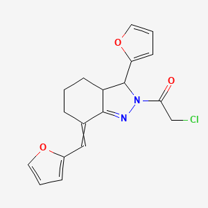 molecular formula C18H17ClN2O3 B12442226 2-chloro-1-[3-(furan-2-yl)-7-(furan-2-ylmethylidene)-3a,4,5,6-tetrahydro-3H-indazol-2-yl]ethanone 