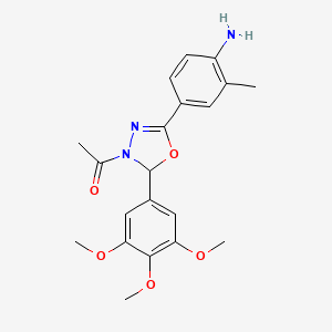 molecular formula C20H23N3O5 B1244301 1,3,4-Oxadiazole, 3-acetyl-5-(4-amino-3-methylphenyl)-2,3-dihydro-2-(3,4,5-trimethoxyphenyl)- CAS No. 343346-07-6