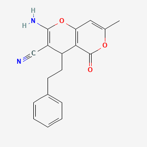 molecular formula C18H16N2O3 B12443222 2-Amino-7-methyl-5-oxo-4-phenethyl-4H,5H-pyrano[4,3-b]pyran-3-carbonitrile 