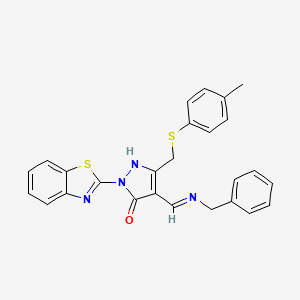 molecular formula C26H22N4OS2 B12443420 (4E)-2-(1,3-benzothiazol-2-yl)-4-[(benzylamino)methylidene]-5-{[(4-methylphenyl)sulfanyl]methyl}-2,4-dihydro-3H-pyrazol-3-one 