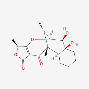 molecular formula C18H24O6 B1244551 (1R,2S,7S,8R,9S,12S,17S)-7,8-dihydroxy-1,12,17-trimethyl-10,13-dioxatetracyclo[7.7.1.02,7.011,15]heptadec-11(15)-ene-14,16-dione 